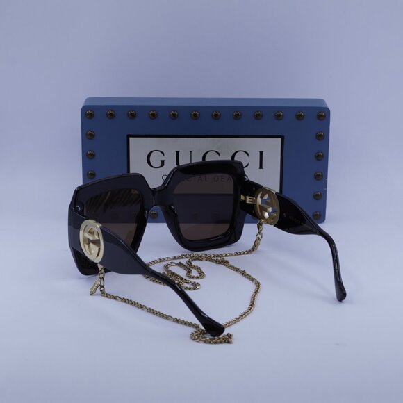Gucci GG1022S 005 Square Sunglasses - Black/Brown with Gold Chain - Picture 10 of 11